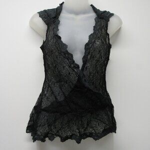 Crown of Hearts Black Sheer Lace Plunge Draped Front Top Shirt sz S Romantic